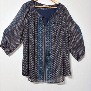 Daniel Rainn Elegant, Office Sheer Navy Patterned Blouse/Tunic with Navy Tank.
